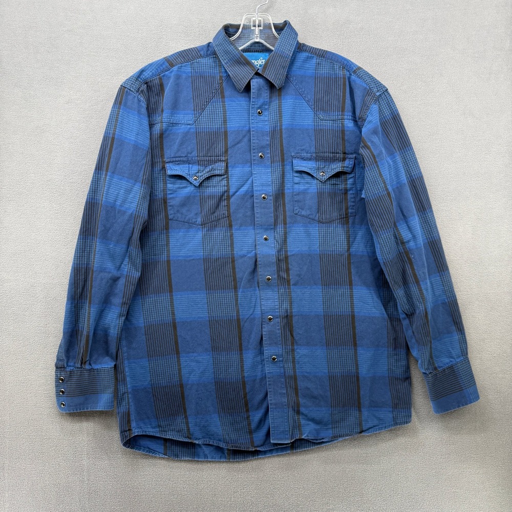 Wrangler Mens Western Snap Front Shirt Blue Plaid Long Sleeve Pearl Snap XL